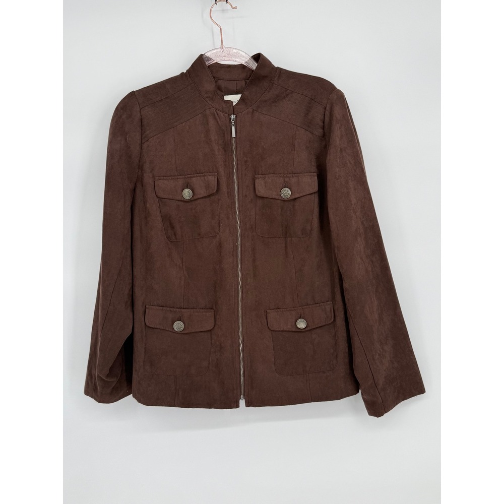 Studio Works Woman Brown Faux Suede Full Zip Utility Jacket Mock Neck Sz 16 W